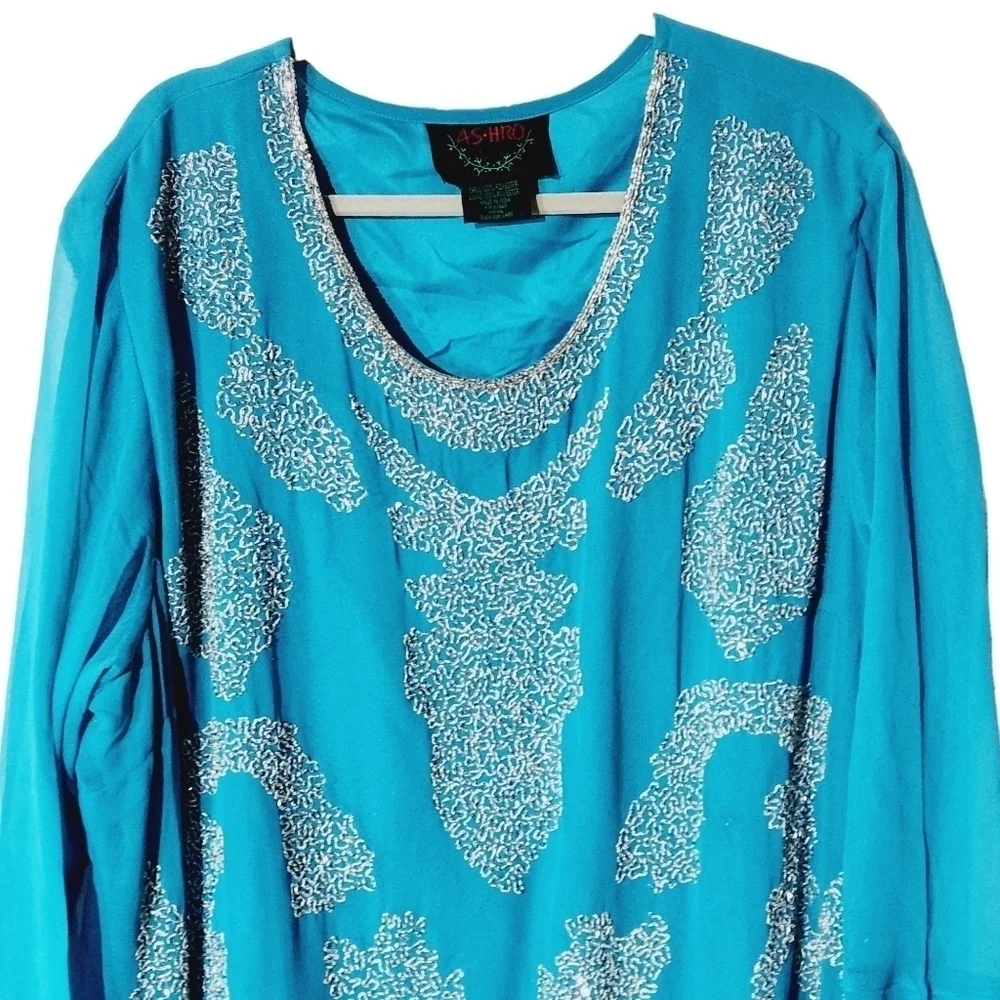 Ashro Women's Aqua Embellished Elegant Evening Flowy Gown Sz: 3X - Picture 2 of 9
